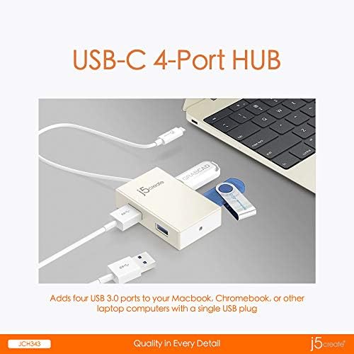 J5Create USB C רכזת כבל מתאם 4-in-1 USB סוג C ל- USB 3.0 [X4] דונגל עבור MacBook, Chromebook, טלפונים סלולריים,